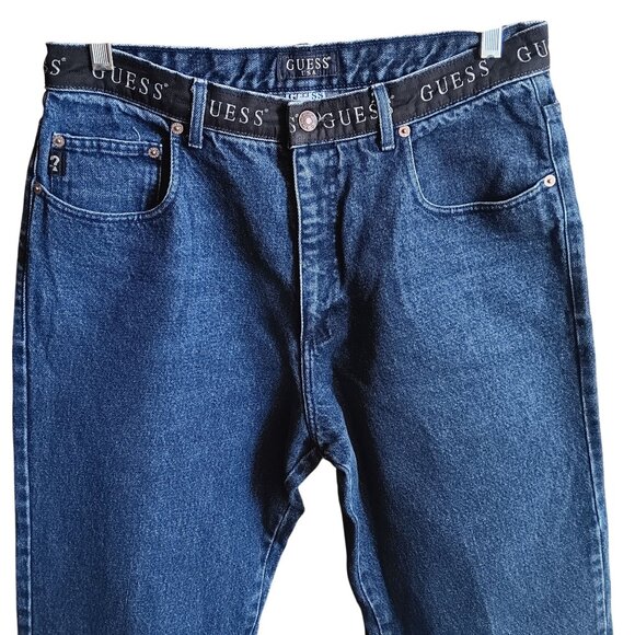 Vintage Men's Guess Jeans 33x34 SPELL OUT WAISTBAND 1990's Made In USA Logo USA - Picture 2 of 10